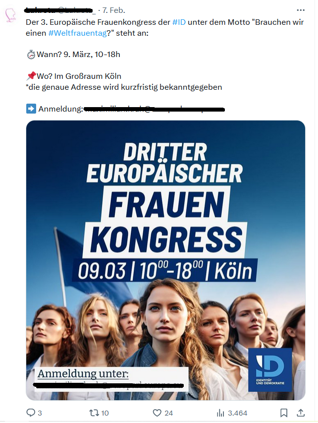 RABA_CGN's tweet photo. Im "Großraum Köln" ist der "III. Europäische Frauen Kongress" von Maximilian Krah aus der der faschistischen EU-Fraktion Identität und Demokratie angekündigt worden.
Die Veranstaltung stellt einen Tag nach dem "Weltfrauentag" den Frauenkampftag in Frage #k0803. #noFundis #fckAfD https://t.co/2LPuh9mdh2