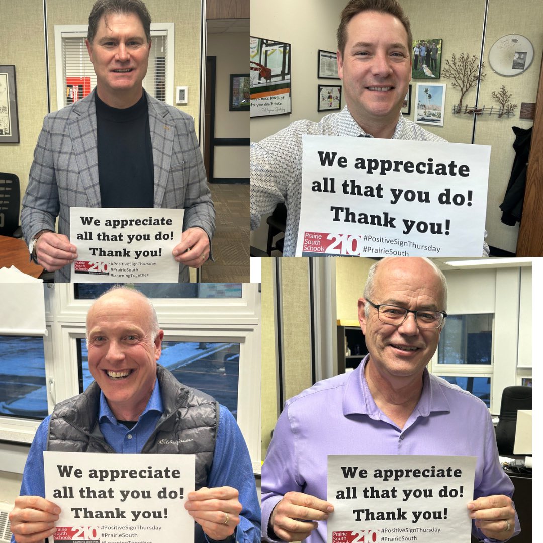 DustinSwanson's tweet image. It is Staff Appreciation Week and also #positiveSignThursday in ⁦@PrairieSouth⁩. We appreciate all that our staff do to support learning in Prairie South! #PrairieSouth #learningtogether