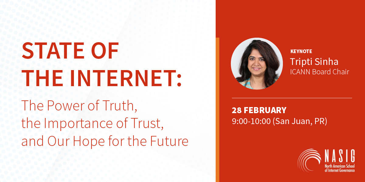 How can we ensure that the #Internet continues to be a force for good? During #NASIG2024 in Puerto Rico, Tripti Sinha, #ICANN Board Chair will be sharing her remarks on the session "State of the Internet". Register today! bit.ly/3wlpCAj
