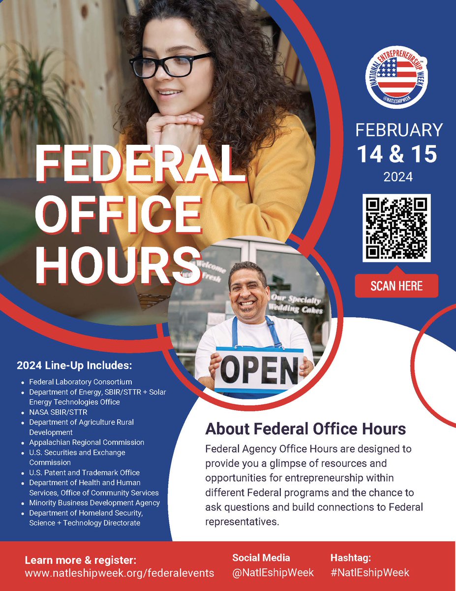 We're kicking off 🚀 Day 2 of Federal Agency Office Hours of #NatlEshipWeek! Join us from 10am-4pm today to hear from Federal agencies discussing their resources for #entrepreneurship, #smallbusiness, and #ecosystembuilding.

Register now ➡️ natleshipweek.org/federalevents.