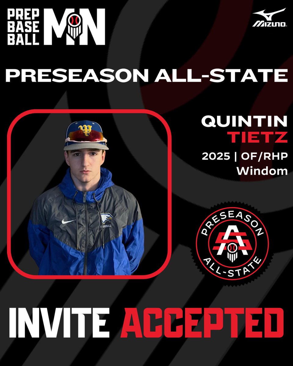𝟐𝟎𝟐𝟒 𝐌𝐍 𝐏𝐫𝐞𝐬𝐞𝐚𝐬𝐨𝐧 𝐀𝐥𝐥-𝐒𝐭𝐚𝐭𝐞

Quintin Tietz ➡️ 𝘐𝘯𝘷𝘪𝘵𝘦 𝘈𝘤𝘤𝘦𝘱𝘵𝘦𝘥

✖️: <a href="/quintintietz4/">Quintin Tietz</a>
⚾: OF/RHP
🎓: 2025
📚: <a href="/WindomBaseball/">Windom Eagles Baseball</a>

#MNPreseasonAS24

👤: loom.ly/TTcJngs