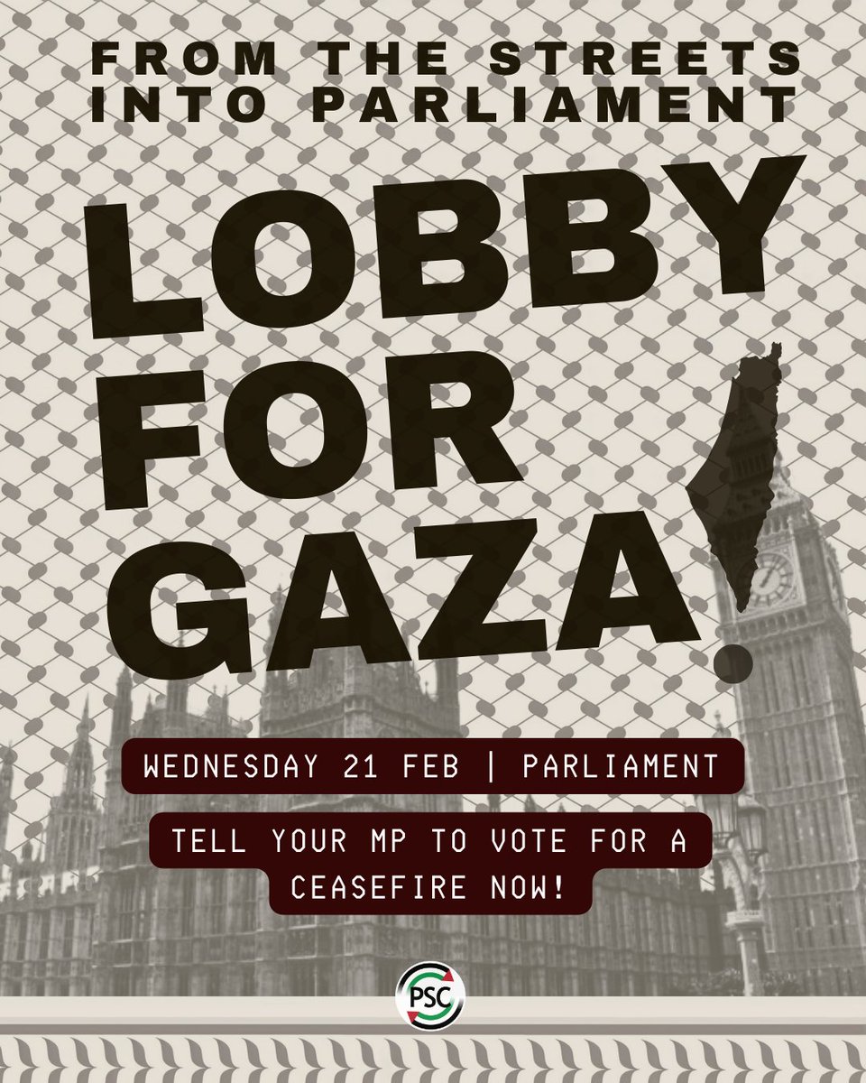 🚨 NEW ACTION - Lobby for Gaza - 21 February This is urgent! On Wednesday there is a crucial vote on a ceasefire in Gaza in Parliament. We’re calling an emergency lobby. We need you joining us and demanding MPs vote for a #CeasefireNOW! Click to join us palestinecampaign.eaction.online/ceasefireLOBBY