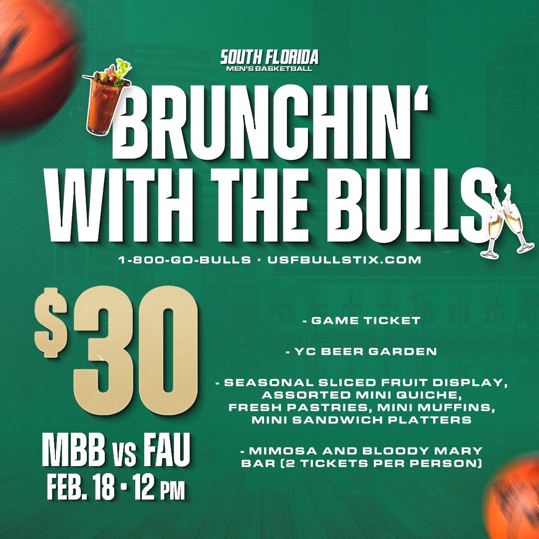 FowlerAvenue's tweet photo. BULLS FANS! We are giving away 2 tickets to the SOLD OUT @USFMBB vs. @FAUMBB game on Sunday, Feb. 18 ‼️ 

These tickets will include access to Brunchin' With The Bulls which give you access to the YC Beer Garden, assorted food, and a Bloody Mary and Mimosa Bar! 

How to enter to win:

➡️Like this post 
➡️Quote Tweet this post with a "🤘" and tag @FowlerAvenue 
➡️ Follow @FowlerAvenue

This giveaway will close Friday, 2/16 at 11:59pm so act quick! 🤘 

Want another entry? We are giving away another pair of tickets on IG!