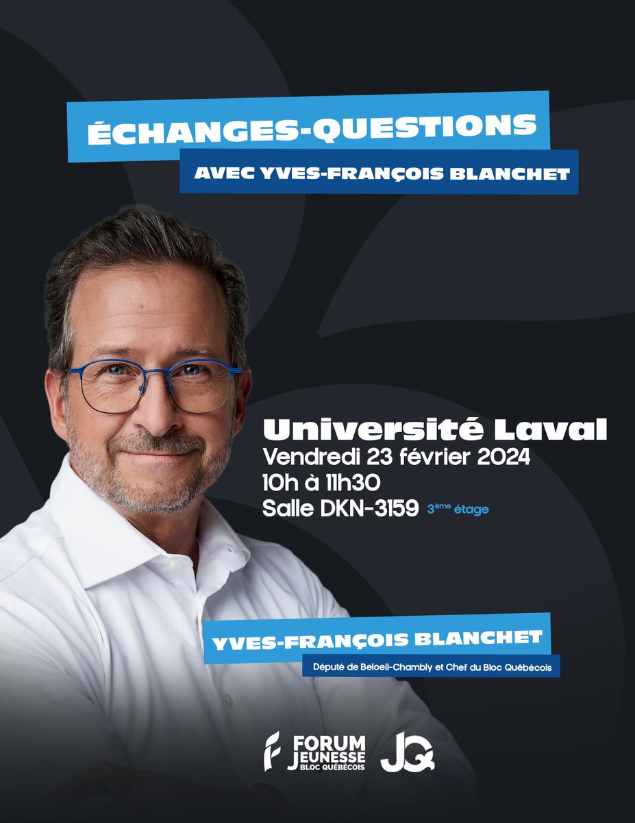 À PARTAGER | @yfblanchet sera présent le 23 février prochain pour un événement de type échanges-questions à l'Université Laval! Événement coorganisé par le @CNJPQ et les @JeunesBQ de l'ULaval! Au plaisir de s'y voir en grand nombre! @BlocQuebecois #BlocQc #Qclibre