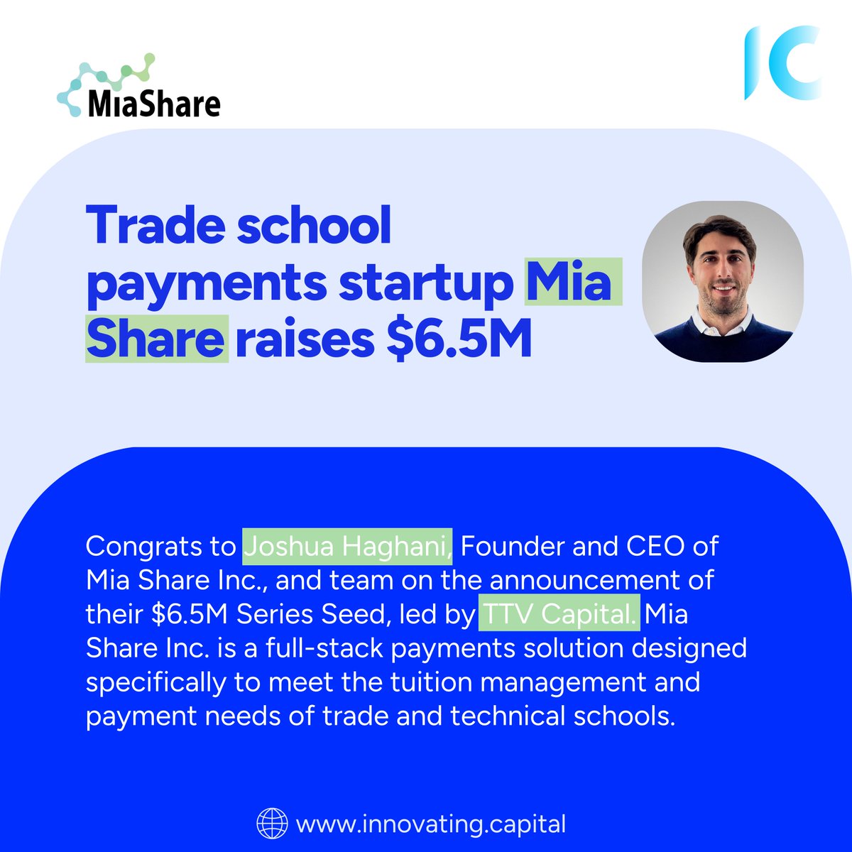 Kudos to Joshua Haghani, the mastermind behind Mia Share Inc., and his brilliant team for the big news on securing a whopping $6.5M in Series Seed funding, with TTV Capital at the helm. 🎉 #fundingsuccess #edtechinnovation #seriesseed #paymentsolutions #educationfinance #teamttv