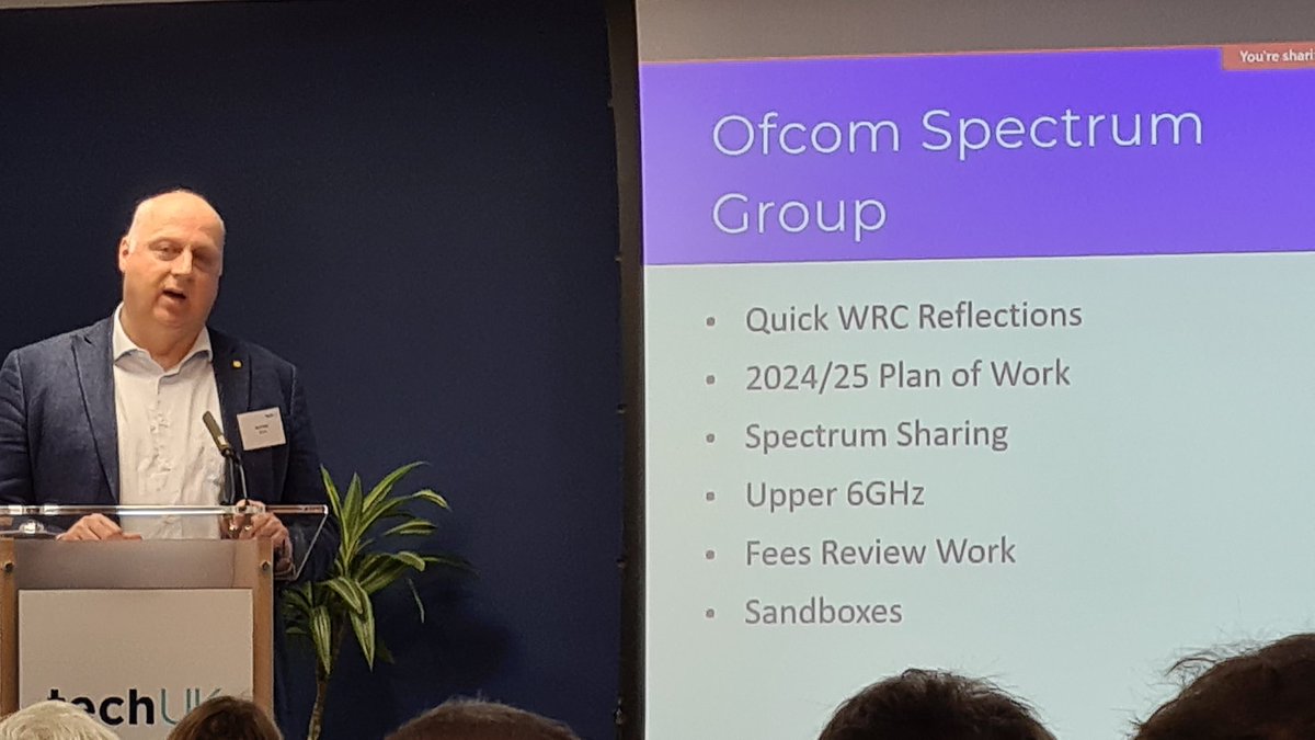At the <a href="/techUK/">techUK</a> <a href="/UK_SPF/">SpectrumPolicyForum</a> Spectrum Policy Forum Plenary event.  Opened with Ofcom Group Director, Spectrum, David Williams on some key priorities in the coming year.  Bob Stewart will present later on n77 sandboxes.