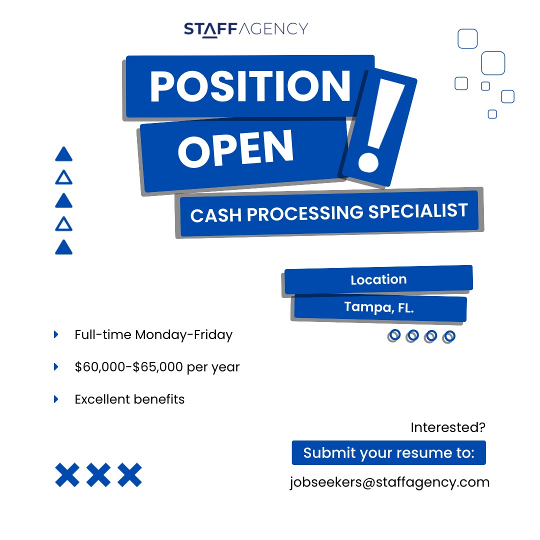 📢 We're hiring for a Cash Processing Specialist position and become an integral part of a team. To see the full listing and explore other exciting opportunities, click here ⬇️⬇️ indeed.com/cmp/Staff-Agen… #hiring #openposition #positionavailable #staffagency #applynow #tampa