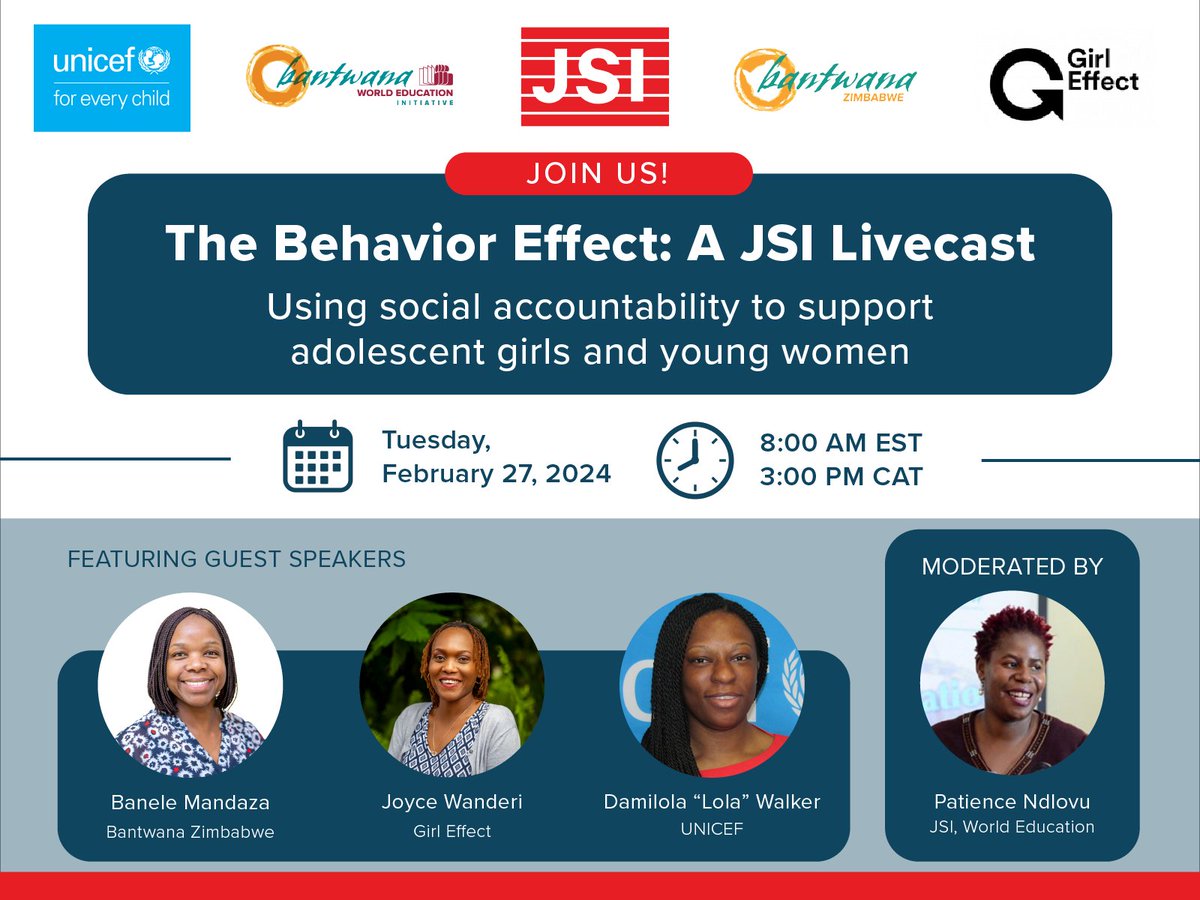 📣 Join JSI’s Patience Ndlovu for a conversation with experts from @BantwanaZim, @GirlEffect, and @UNICEF on the importance of social accountability in programs supporting #AGYW. 🗓️ February 27 at 8 a.m. EST ✍️ Register: rb.gy/ab65lr #BehaviorEffect #SBC