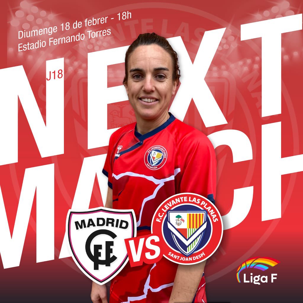 👉 Próximo partido | Este domingo nos enfrentaremos a la <a href="/MadridCFF/">Madrid CFF</a> en Liga F.

¡Vamos equipo! ⚪🔴

📅 Jornada 18
🆚 <a href="/MadridCFF/">Madrid CFF</a> 
🏟️ Estadio Fernando Torres 
⌚️18:00h 
📺@dazn_es

#Aúpalevante | #LigaF