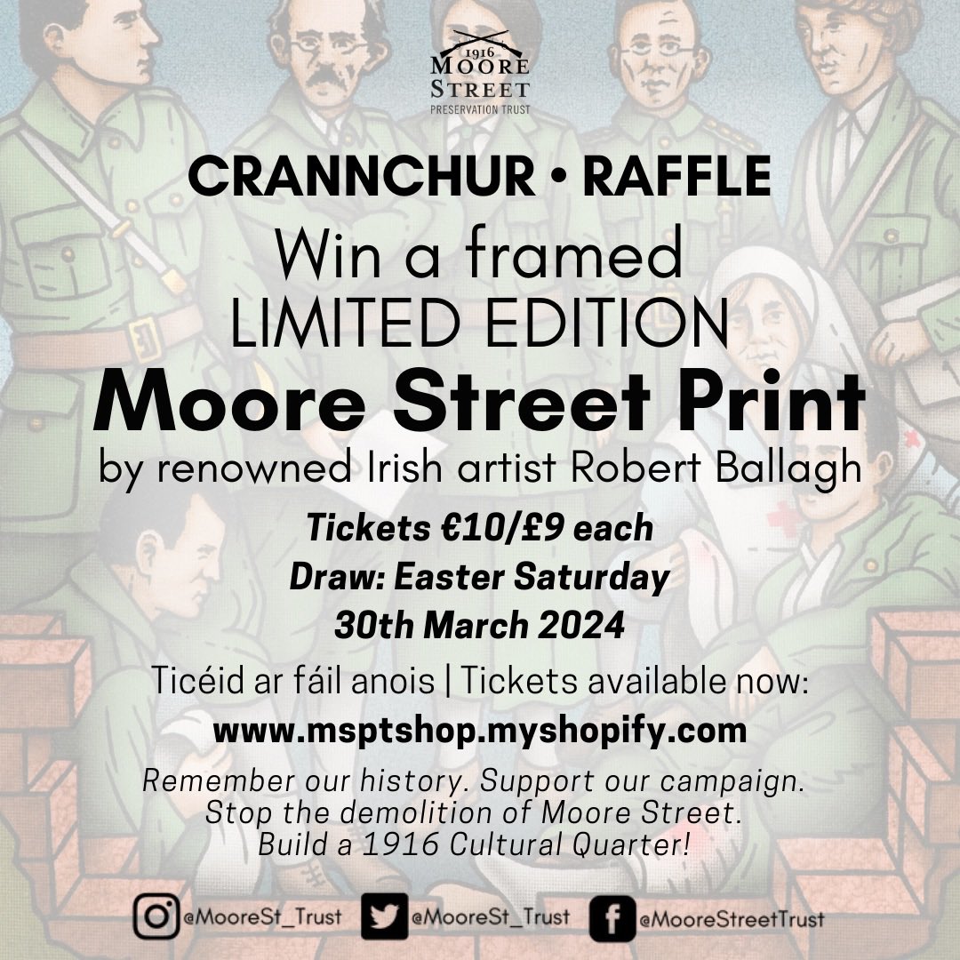 Help stop the demolition of #MooreStreet ✋🏼 Support the campaign by entering our Easter Raffle and be in with a chance of winning a Limited Edition Robert Ballagh Moore Street Print 🖼️ msptshop.myshopify.com 🎟️ Draw will be made Easter Saturday 30th March