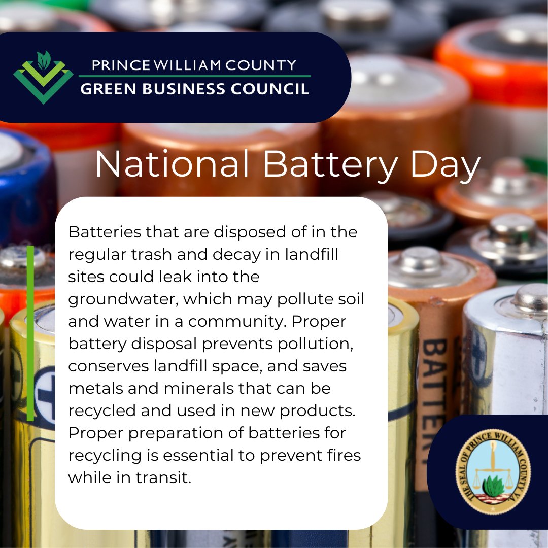 pwcgbc's tweet image. It&apos;s National Battery Day!

PWC residents can bring various types of household batteries and lead-acid automotive batteries to the Prince William County Landfill or the Compost Facility during regular operating hours for proper disposal.

pwcva.gov/news/practicin…