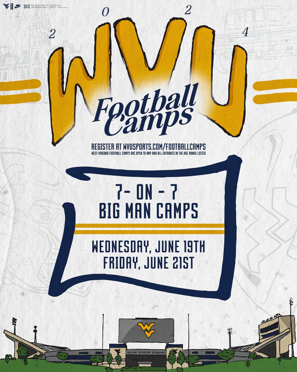 Introducing the 𝟮𝟬𝟮𝟰 𝗪𝗩𝗨 𝗙𝗼𝗼𝘁𝗯𝗮𝗹𝗹 𝗖𝗮𝗺𝗽𝘀‼️ Find out more at wvusports.com/footballcamps
