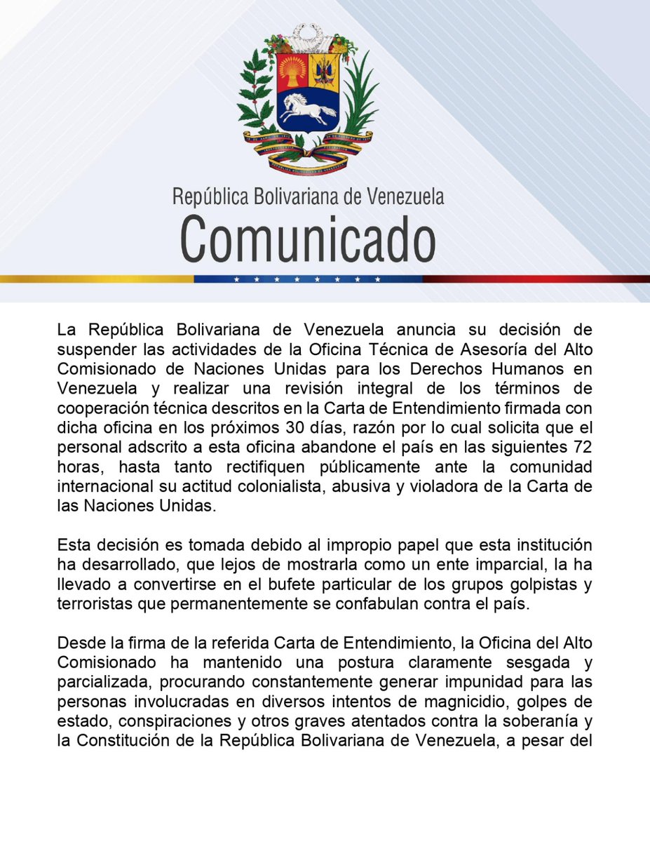 DefensoresDDHH_'s tweet photo. #AlertaCDJ | Estado venezolano supende actividades de la Oficina del Alto Comisionado de Naciones Unidas en Venezuela y solicita que el personal abandone el país en las siguientes 72 horas.
Recordamos que el trabajo de Organismos como @UNHumanRights son fundamentales para la promoción y protección de los #DDHH.