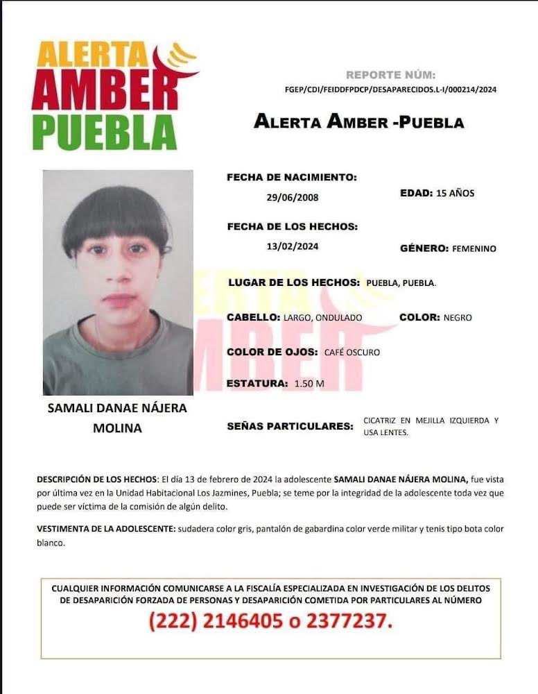 #Puebla | Apoyemos compartiendo la información de Samali Danae Nájera Molina, de 15 años, vista por última vez en la Unidad Habitacional Los Jazmines el 13 de febrero.