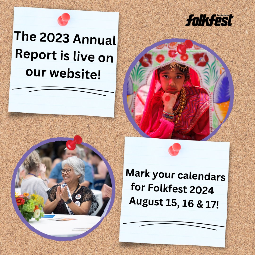 We are so excited to announce our 45th-anniversary festival! 🎉Mark your calendars for Folkfest 2024 on August 15, 16 &amp; 17!

For the ultimate Throwback get your Folkfest fix with the 2023 Annual Report on our website! saskatoonfolkfest.com/annual-reports/

#Annualreport #Folkfest #YXE #culture