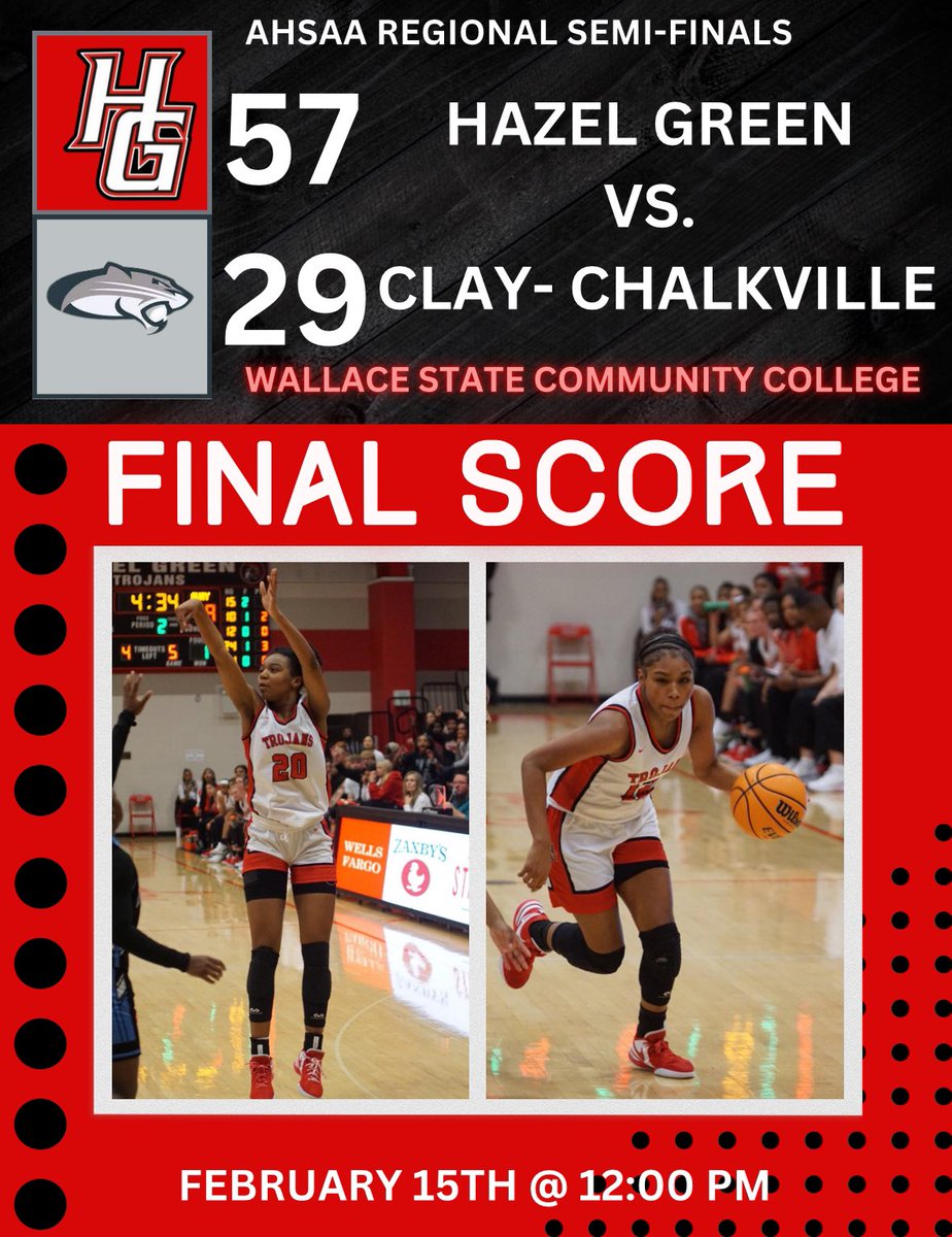 CONGRATULATIONS to Hazel Green on the 57-29 victory over Clay-Chalkville! The Lady Trojans will match up with Hartselle on Tuesday, February 20th @ 9:00am for the Regional Finals. The game location will be back at Wallace State CC.