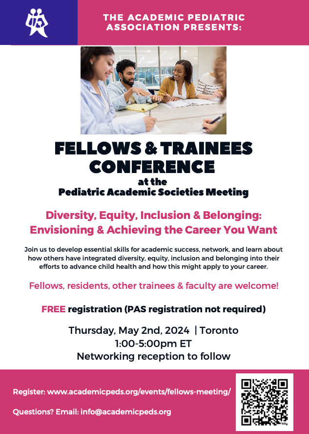 Excited to help plan a wonderful program for our Fellows & Trainees Conference at the PAS meeting in May. If you are attending PAS this year (any stage of training) please consider joining us for the fellows/trainees conference on May 2nd! #PAS2024 #PASTrainees2024 @AcademicPeds