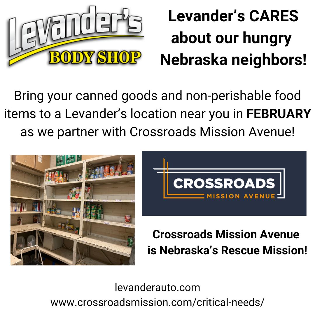 Bring a canned good donation to Levander's Body Shop in FEBRUARY, & help our Crossroads Mission Avenue Corporate Partner feed our hungry Nebraska neighbors! crossroadsmission.com/critical-needs/ #CrossroadsMissionAvenue #FoodDrive #CanDrive #HelpUsHelpOthers