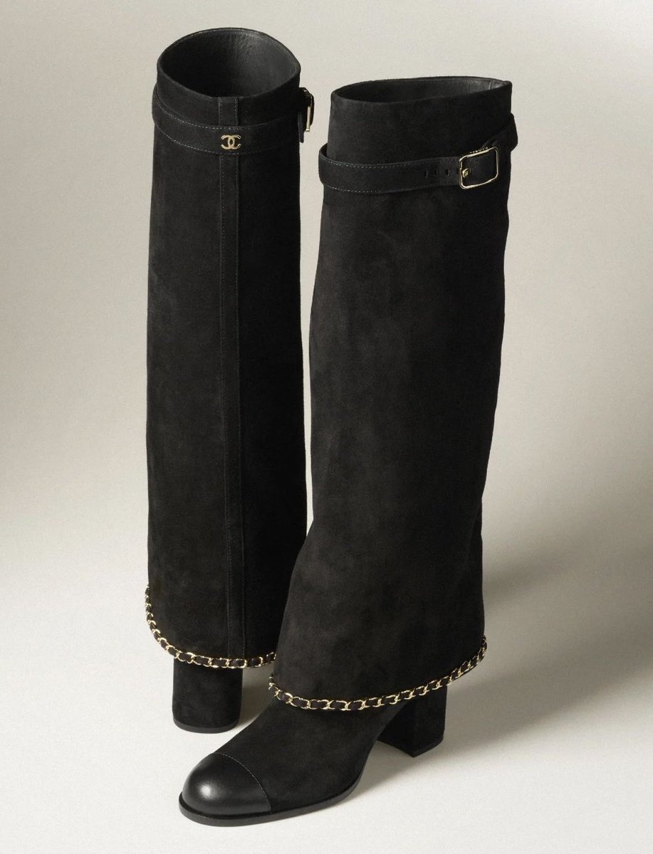 chanel black suede high boots