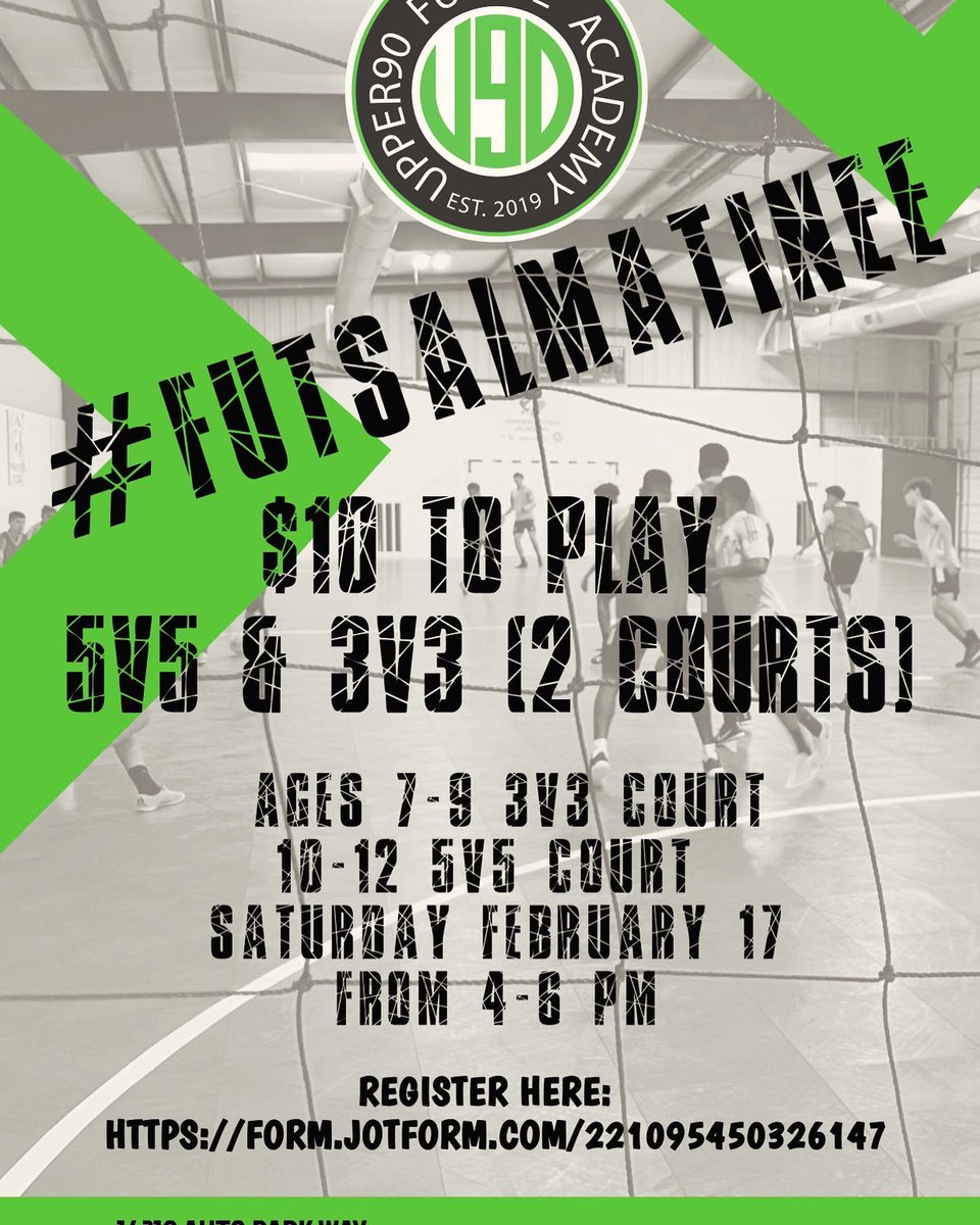 Futsal Matinee- Open play this Saturday only the 4-6pm slot is still available. 

AGES 7-9  3V3 COURT
  10-12  5V5 COURT -
12 players max for 3v3
20 player max for 5v5

linqapp.com/upper90_fa?r=l…

•
•
#htx #houstonfutsal #houstonfutbol #houstontx #futsal #ballers #houstonsoccer