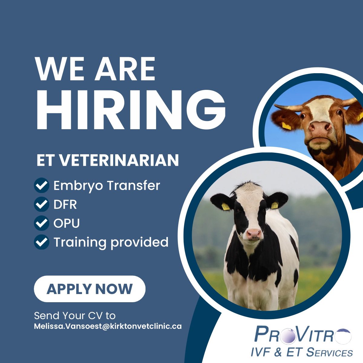 🐮WE ARE HIRING! 🐮
Full-Time Embryo Transfer (ET) veterinarian needed for our busy practice operating out of St. Marys, ON
 
See full job posting at kirktonvetclinic.com/career-opportu…