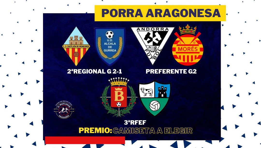ElMarcadorArag's tweet photo. ¡Llega la PORRA ARAGONESA!💃🏼

Castejon 🆚 Alcala
@AndorraCF_1957 🆚 @cdmores 
@CD_Belchite97 🆚 @aupaborja 

👔¿Quieres ganar la camiseta de tu equipo favorito?

1️⃣Acierta los tres resultados
2️⃣Menciona a un amigo
3️⃣Da RT y siguenos

¡Suerte!💪🏼

#ElMarcadorAragones https://t.co/LL0T93IRVl