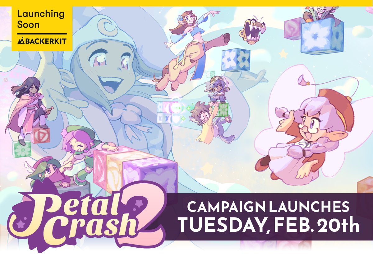 The @BackerKit crowdfunding campaign for Petal Crash 2 is about to begin on... 🌸Tuesday, Feb. 20th!🌸 This is our biggest project yet, so every contribution matters a bunch! I hope you'll be there to help Petal Crash blossom again! x.com/PetalCrash/sta…