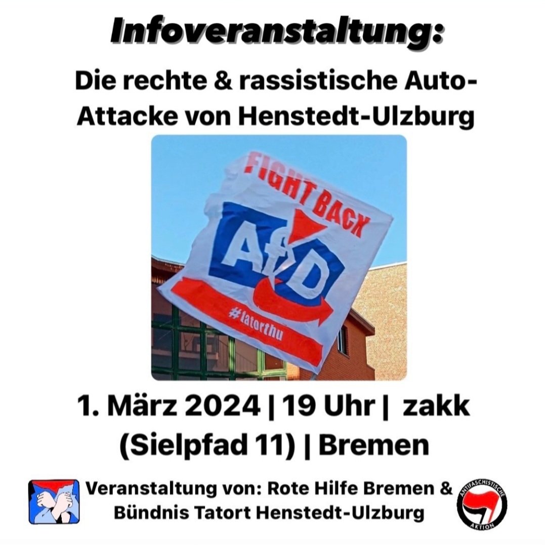 Am 1. März sind wir für eine Infoveranstaltung in Bremen. 

#tatorthu #antifa #bremen #noafd #nonazis #rotehilfe #solidarität