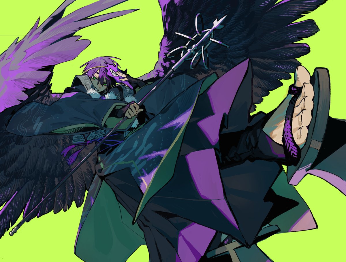 wings 1boy male focus solo purple hair green background holding  illustration images