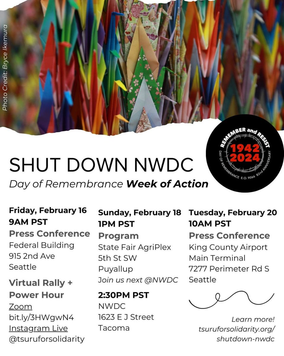 Join our grantee partner @TsuruSolidarity in observing this year's Day of Remembrance of Executive Order 9066 by plugging in to the ongoing fight to shut down Northwest Detention Center (NWDC)

Learn more: tsuruforsolidarity.org/shutdown-nwdc/ 

#shutdownNWDC #stoprepeatinghistory
