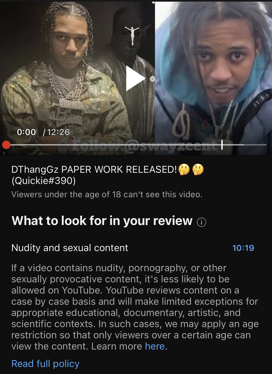 SwayzeEnt's tweet photo. @TeamYouTube  I was hit with an age restriction for nudity on a video that shows nothing but paperwork from a court case. There is absolutely no nudity or graphic images of any kind in this video. This is the second time you guys have done this. I need answers. https://t.co/XjHsNICr7i