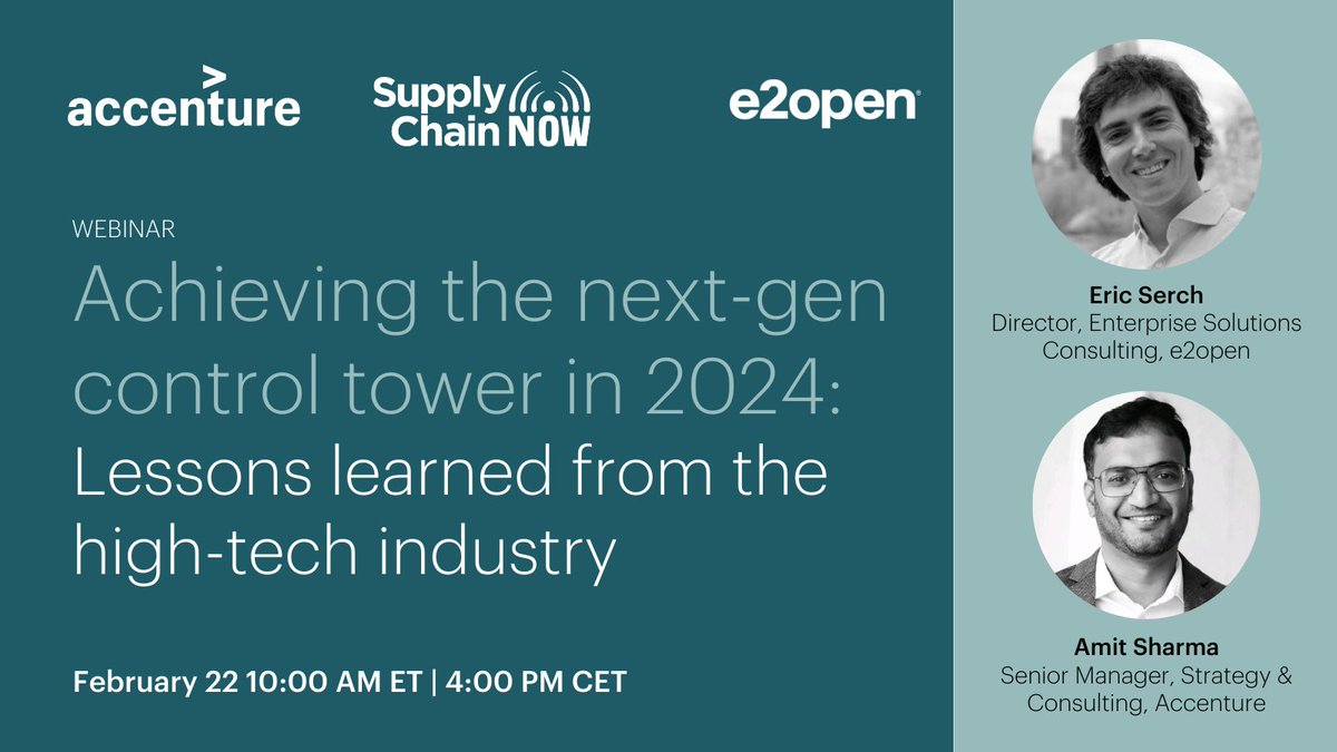 e2open's tweet photo. Revamp your command center in 2024! Join e2open, Accenture, and Supply Chain Now to explore how high-tech leverages #ControlTowers for #SupplyChain transformation. Experts will share real-world use cases and best practices for end-to-end visibility. https://t.co/4mkVnxMHSH https://t.co/bFEDuu5Jr5