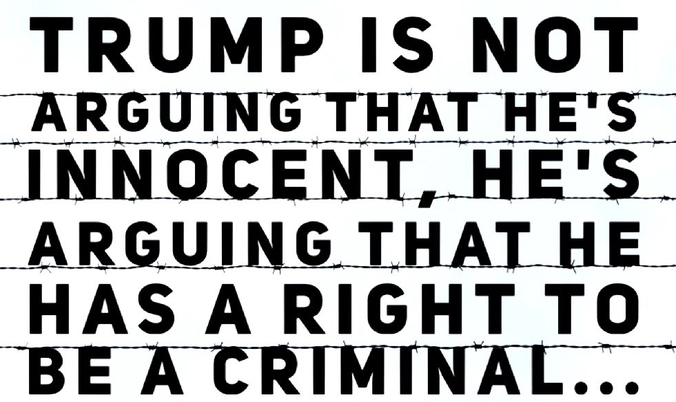 BigBlueWaveUSA's tweet photo. THIS can’t be emphasized enough for the next 8 months:
Trump is using his best legal argument- that he is excused from the law with presidential immunity…NOT that he’s innocent.
Will we elect a criminal? HELL NO.
Arrest him. Try him. Just like any other American citizen. https://t.co/ZEO5pfks5r