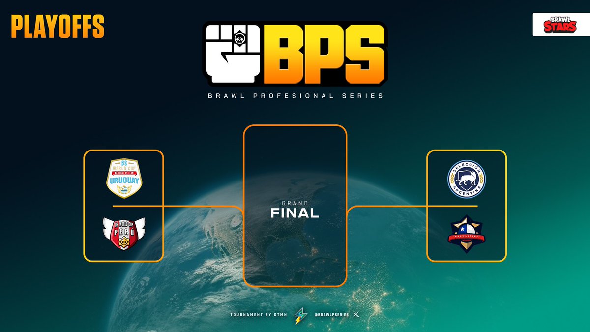 BSN: Brawl Stars Nations League (@brawlpseries) on Twitter photo #BPS • MATCHDAY
¡PLAYOFFS!
HOY - 6PM 🇲🇽🇬🇹 / 9PM🇧🇷🇦🇷
📺 twitch.tv/nearz_z
PARTIDO 1
🇺🇾 <a href="/SeleUruguayBS/">Selección Uruguaya de Brawl Stars</a>
🆚
🇵🇪 <a href="/SeleccionPeBS/">Selección Peruana BS ⭐⭐</a>
PARTIDO 2
🇦🇷 <a href="/SeleccionARGBS/">🇦🇷| Sel. Argentina BS</a>
🆚
🇨🇱 <a href="/SelCL_BS/">Selección Chilena BrawlStars</a>
¡LOS GANADORES SE ENFRENTAN EN LA GRAN FINAL! 💣 #BPS • MATCHDAY
¡PLAYOFFS!
HOY - 6PM 🇲🇽🇬🇹 / 9PM🇧🇷🇦🇷
📺 twitch.tv/nearz_z
PARTIDO 1
🇺🇾 <a href="/SeleUruguayBS/">Selección Uruguaya de Brawl Stars</a>
🆚
🇵🇪 <a href="/SeleccionPeBS/">Selección Peruana BS ⭐⭐</a>
PARTIDO 2
🇦🇷 <a href="/SeleccionARGBS/">🇦🇷| Sel. Argentina BS</a>
🆚
🇨🇱 <a href="/SelCL_BS/">Selección Chilena BrawlStars</a>
¡LOS GANADORES SE ENFRENTAN EN LA GRAN FINAL! 💣