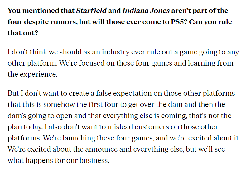 The_CrapGamer's tweet photo. Phil Spencer then confirmed Starfield and Indiana Jones could go to PS5 After  all . 
The weird wording and non commitment sucks tbh https://t.co/mdZBNw0rME