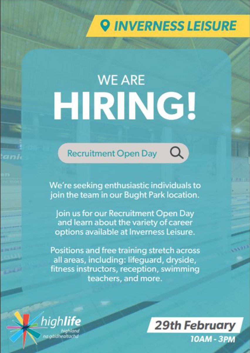 Great opportunity for our sports students at <a href="/UHI_Inverness/">UHI Inverness</a> to explore potential positions with <a href="/HLHsocial/">High Life Highland</a> in Inverness Leisure at their job recruitment day on Thursday 29th February 👍