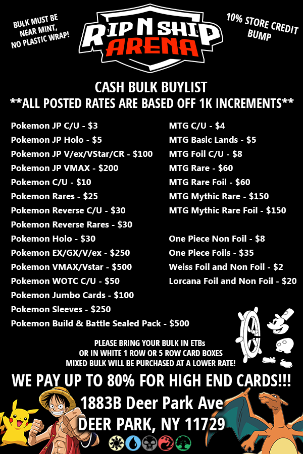 We'll be buying bulk at @litcgshow this Saturday!!!! Here are our rates for your convenience, please be sure to bring your bulk in ETB boxes or Card Storage Boxes (1 row - We'll be buying bulk at @litcgshow this Saturday!!!! Here are our rates for your convenience, please be sure to bring your bulk in ETB boxes or Card Storage Boxes (1 row -