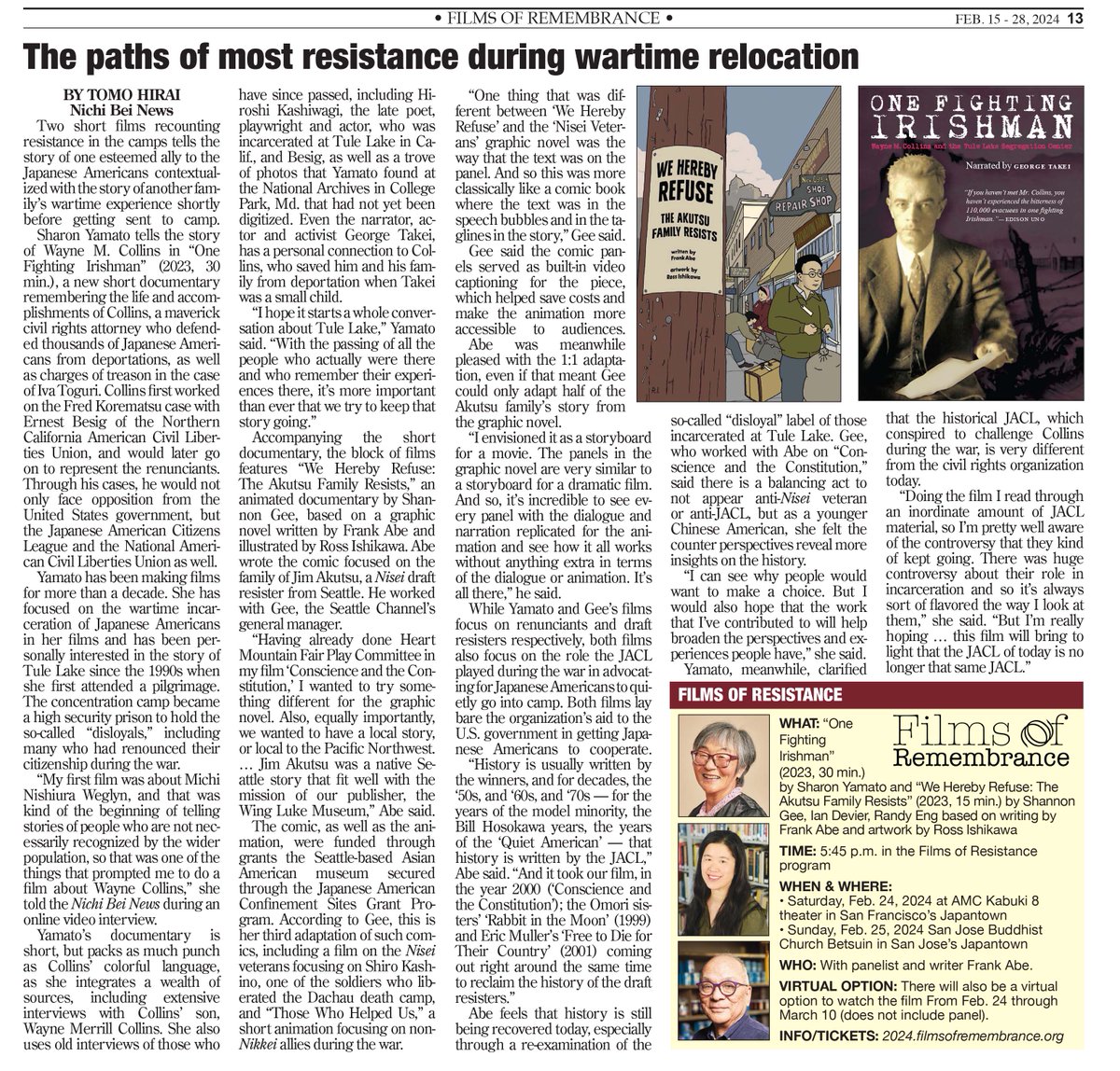 Thanks tp Tomo Hirai at <a href="/nichibei/">Nichi Bei Foundation</a> News for these new interviews with me and <a href="/geezlouisemedia/">Shannon Gee</a> on the making of "The Akutsu Family Resists," and with @sharony360 on hers. Both screening as the "Films of Resistance" on Feb. 24-25. Get tickets here: 2024.filmsofremembrance.org