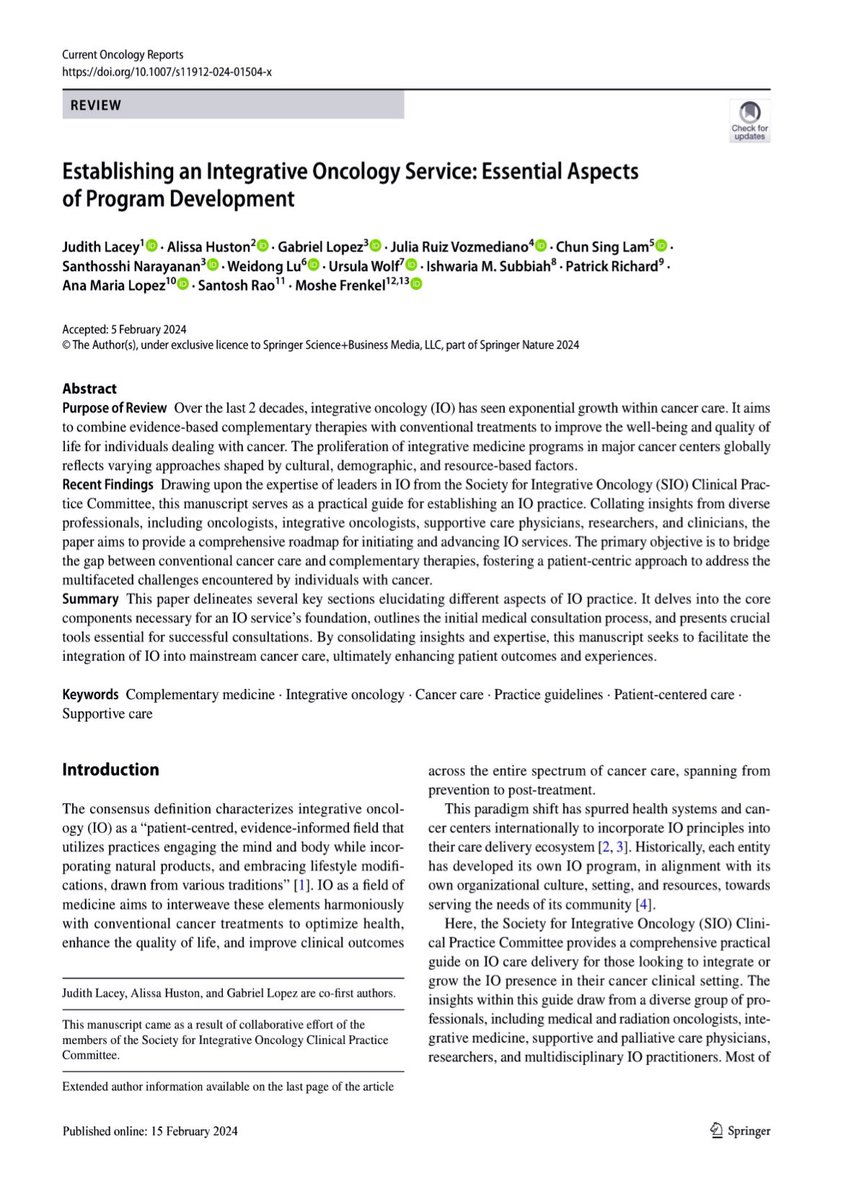 Great to share our recent publication , written as a guide for those establishing integrative oncology services. An international collaboration from our clinical practice committee of SIO. @Integrativeonc @COBLH @Cakm77549 @anamarialopezmd #CancerCare #integrativeoncology