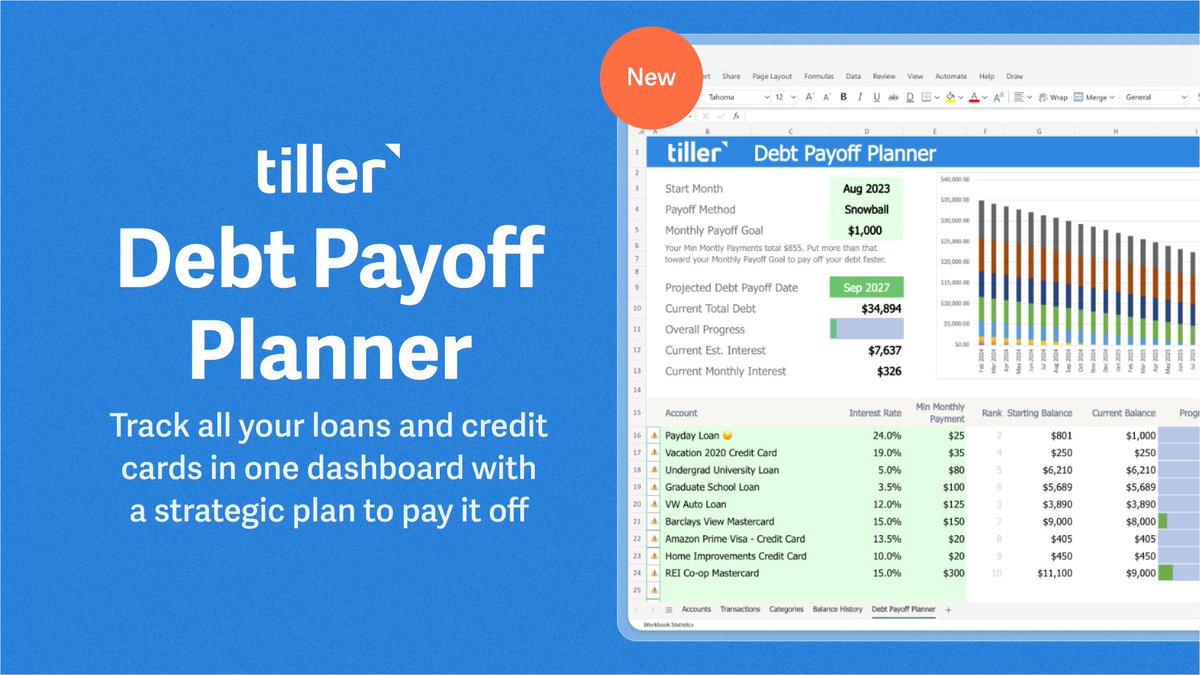 Tiller’s new Debt Payoff Planner spreadsheet automatically tracks your credit card balances and loans in one dashboard, with tools for making a custom payoff strategy. Available now for all Tiller subscribers, or try it completely free for 30 days! tillerhq.com/introducing-th…