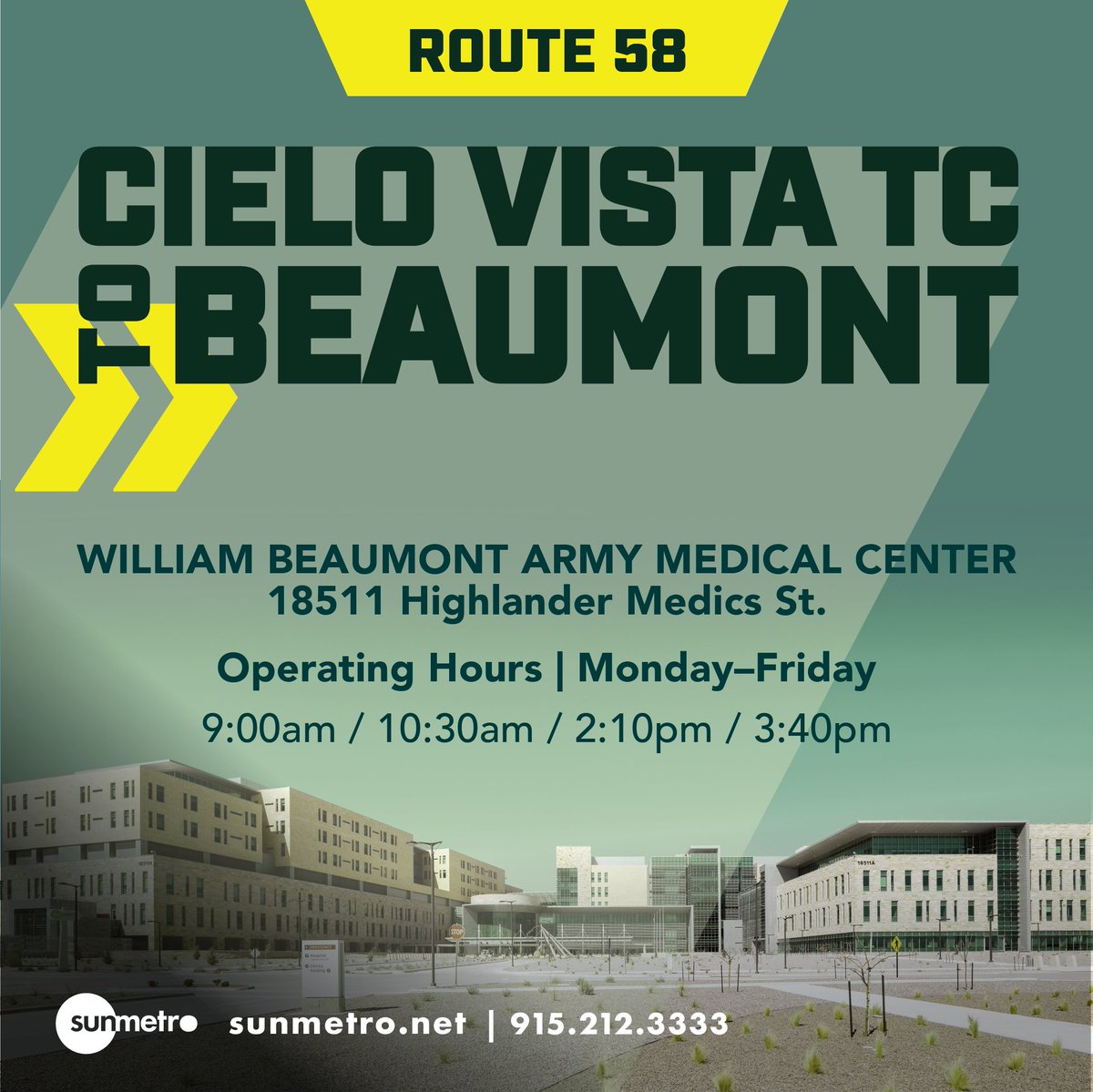 SunMetro's tweet photo. Ride from Cielo Vista TC to the William Beaumont Army Medical Center at 18511 Highlander Medics St!

View map: https://t.co/as9v4v84vP
More Info: 915-212-3333

Stops at WBAMC are Mon-Fri at 9:00am / 10:30am / 2:10pm / 3:40pm

#SunMetro #veteran #FortBliss #WBAMC #Route58 https://t.co/EvL41ms759