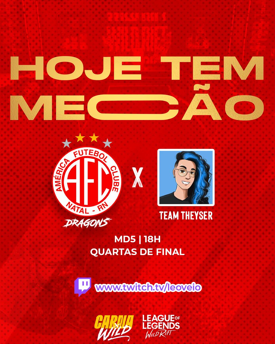 Hoje às 18h, nossa equipe de Wild Rift vai jogar contra o time ilustre de <a href="/imshiso/">imshiso</a> e <a href="/theyser_yig/">Theyser</a> . Cola na live e vamos dar aquele apoio com o #GoMecão 🇦🇹
