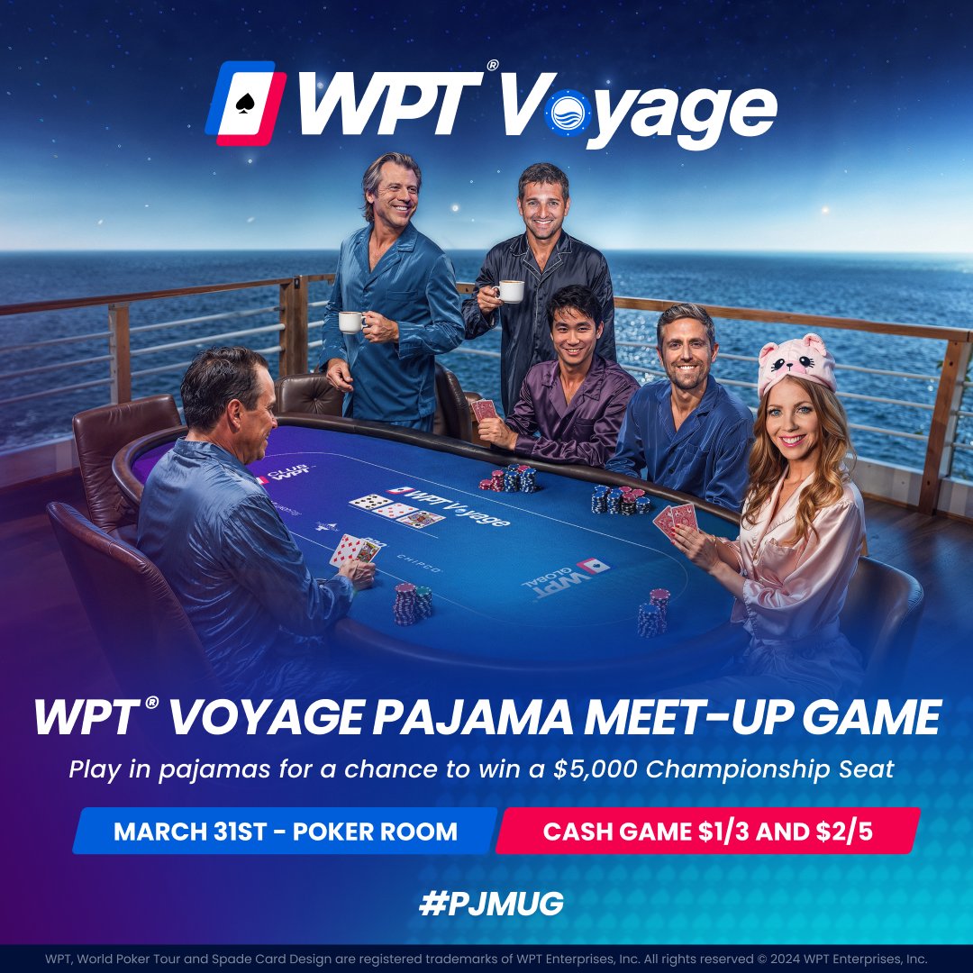 World Poker Tour (@wpt) on Twitter photo It's not just any <a href="/WPT/">World Poker Tour</a> Meet-Up Game, it's the <a href="/WPT/">World Poker Tour</a> Voyage PAJAMA Meet-Up Game! 🚢
Join us as <a href="/andrewneeme/">Andrew Neeme</a>, <a href="/LynnGilmartin/">Lynn Gilmartin</a>, <a href="/SavagePoker/">Matt Savage</a>, <a href="/rampagepoker/">Rampage</a>, <a href="/tonydunsttv/">TonyDunstTV</a>, <a href="/VinceVanP_WPT/">Vince Van Patten</a> and special guests kick off the <a href="/WPT/">World Poker Tour</a> Voyage with the #PJMUG!
Special guests include It's not just any <a href="/WPT/">World Poker Tour</a> Meet-Up Game, it's the <a href="/WPT/">World Poker Tour</a> Voyage PAJAMA Meet-Up Game! 🚢
Join us as <a href="/andrewneeme/">Andrew Neeme</a>, <a href="/LynnGilmartin/">Lynn Gilmartin</a>, <a href="/SavagePoker/">Matt Savage</a>, <a href="/rampagepoker/">Rampage</a>, <a href="/tonydunsttv/">TonyDunstTV</a>, <a href="/VinceVanP_WPT/">Vince Van Patten</a> and special guests kick off the <a href="/WPT/">World Poker Tour</a> Voyage with the #PJMUG!
Special guests include