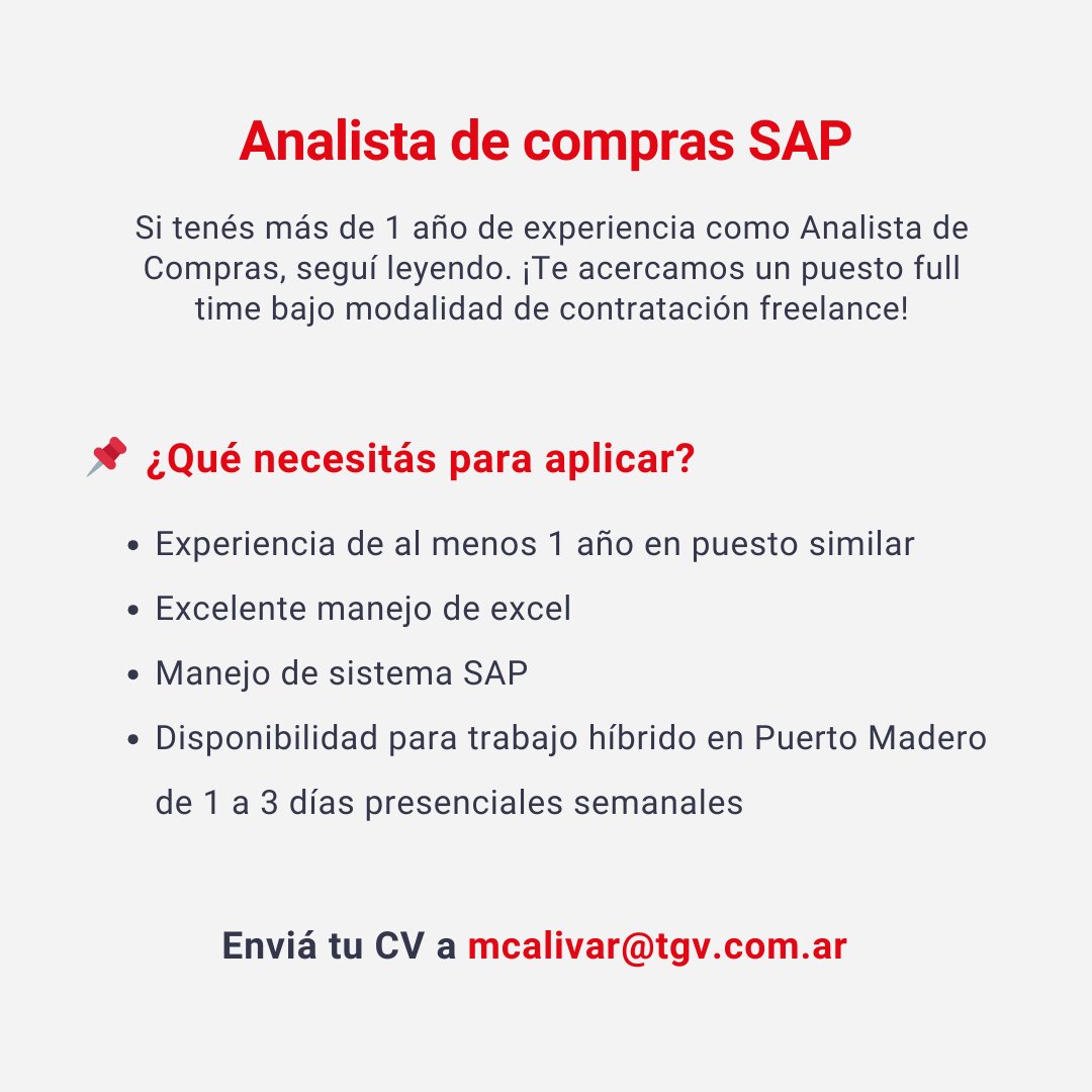 ¡Conocé nuestra vacante activa!

Si tenes al menos un año de experiencia como Analista de Compras SAP y residís en AMBA, seguí leyendo porque te compartimos una posición híbrida.

#SomosTGV #TenemosGenteconValor
