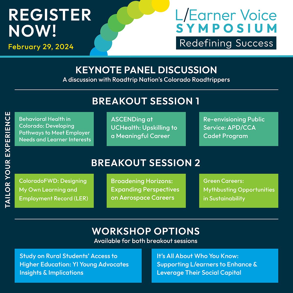 Only 2 weeks to our free, virtual 2024 L/Earner Voice Symposium. With a keynote from @RoadtripNation’s Colorado Roadtrippers & 2 rounds of breakouts with workshops and discussions to choose your own path! Secure your spot now! bit.ly/lvs2024 @the_cwdc @LuminaFound