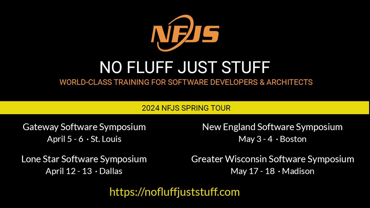 nofluff's tweet image. We&apos;re excited to announce the 2024 #NFJS Spring Tour Stops:  St. Louis, Boston, Dallas, and Madison!

Find out why #NFJS is the most unique conference series in the Java/JVM space today.  Spend your training $$$ wisely and experience the NFJS difference!

nofluffjuststuff.com