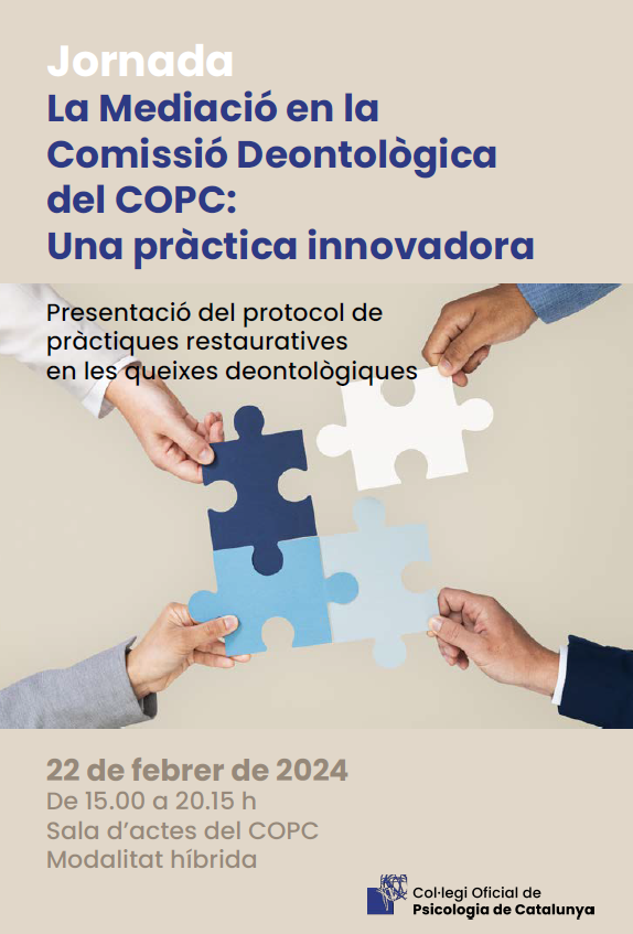 MediacionJusta's tweet photo. Jornada sobre Prácticas restaurativas en las quejas deontológicas. El jueves 22 de febrero en el @copc_cat  con participación de la presidenta de GEMME España Carme Guil.  Jornada híbrida homologada con cinco horas y media de formación continuada en Mediación. https://t.co/nY7MvXsiEJ