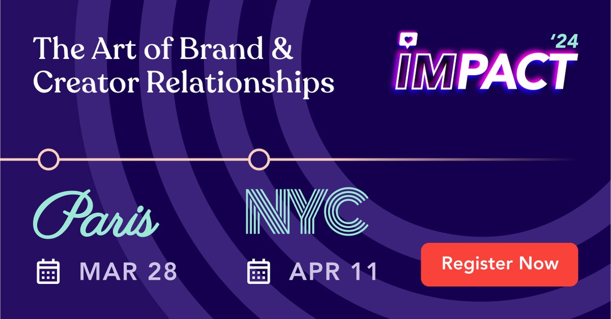 Excited to announce our next IMPACT events are headed to Paris and New York City this spring.

These half-day conferences will focus on building impactful brand &amp; creator partnerships!

Paris RSVP: bit.ly/49bGO9Z
NYC RSVP: bit.ly/3HX2uur

#IMPACTNYC #IMPACTPARIS
