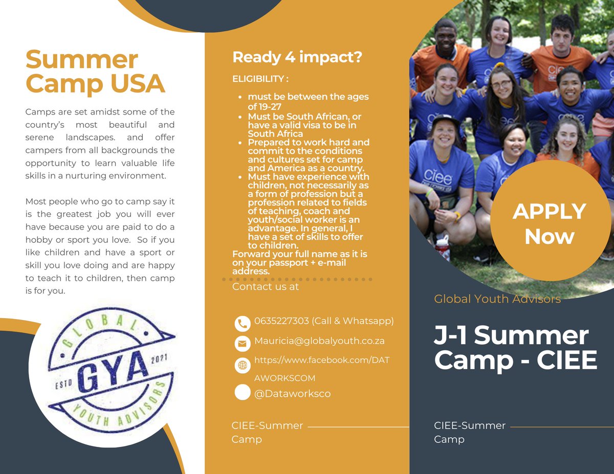 SUMMER CAMP USA Applications are OPEN.

Do you love kids? Do you have a transferable skill such as swimming, dancing, playing a sport?

Send full name as on passport &amp; preferred email address: mauricia@globalyouth.co.za or WhatsApp 0635227303 #summercampUSA2024 #CampCounsilorJob