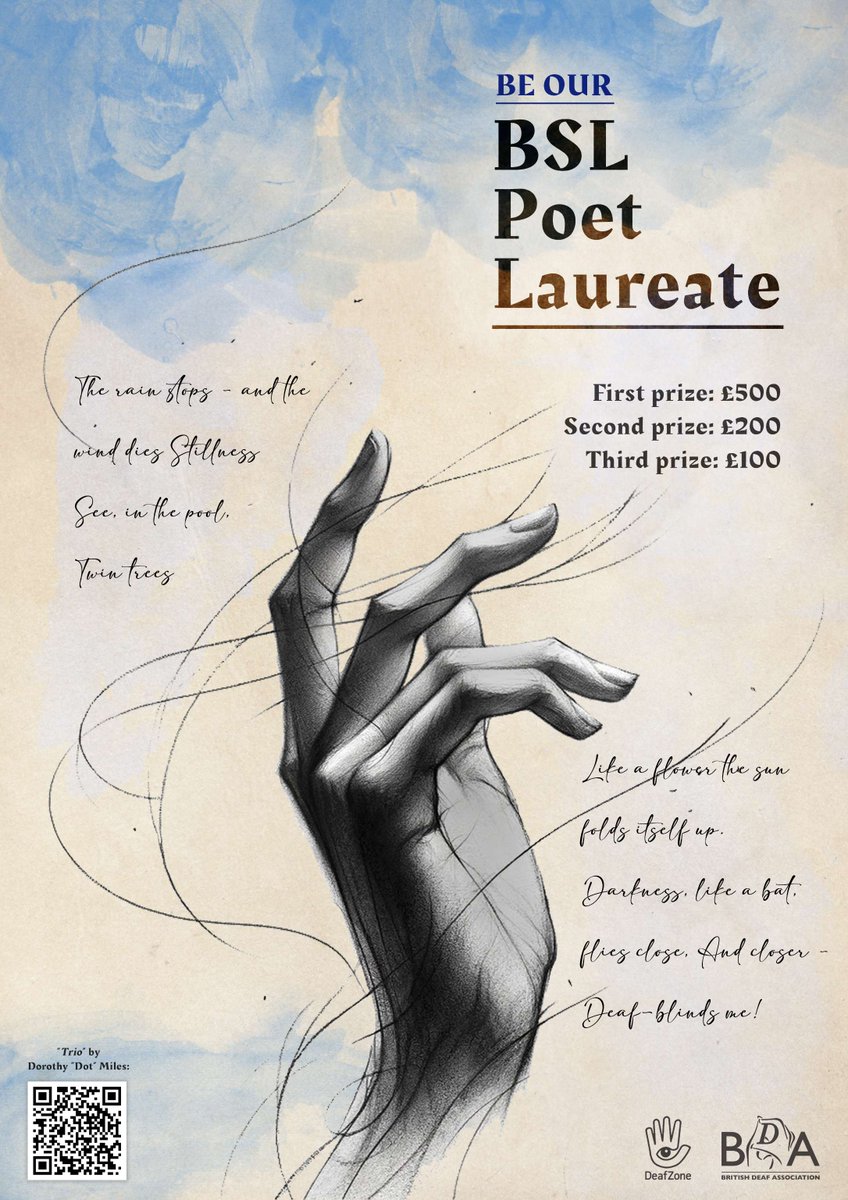 Join the British Deaf Association's search for the 2024 BSL Poet Laureate!

🌟 18+ Win £500 & perform at Glastonbury's DeafZone. Passion for BSL?

Apply by 15 Mar: bda.org.uk/poet-laureate

Under 18s, stay tuned for your chance soon!

#BSLPoetLaureate